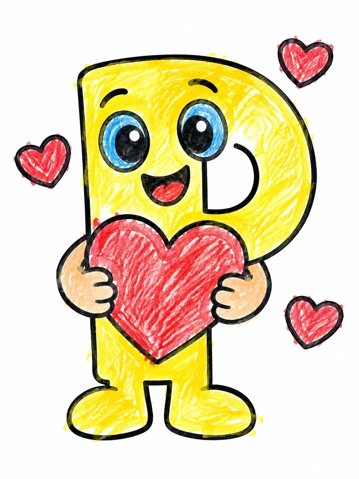 Colored example of the Cute Letter P Holding A Heart coloring page