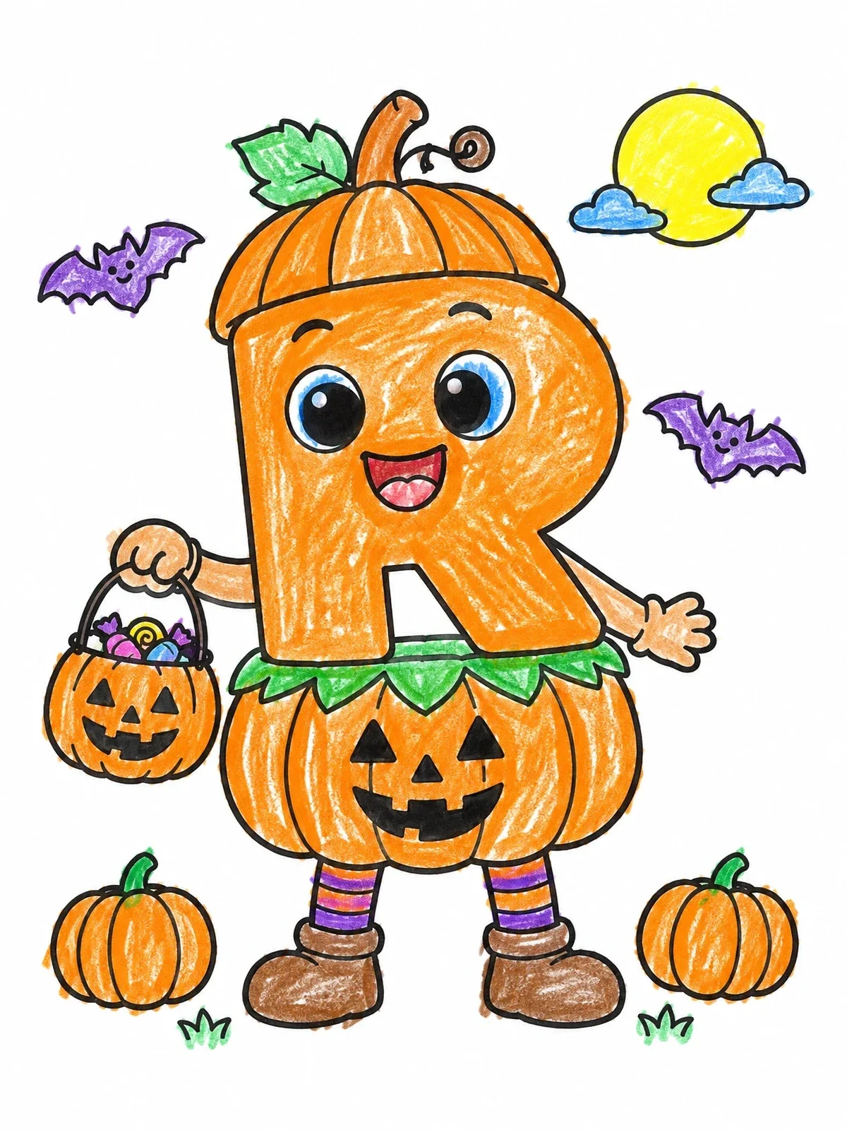 Colored example of the Cute Letter R Halloween Pumpkin coloring page