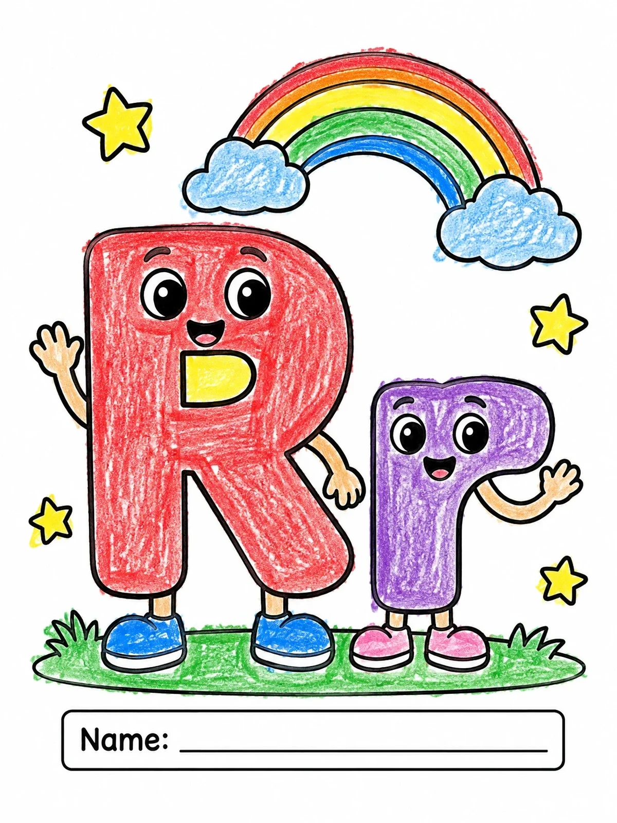 Colored example of the Cheerful Letter R And R Under Rainbow coloring page