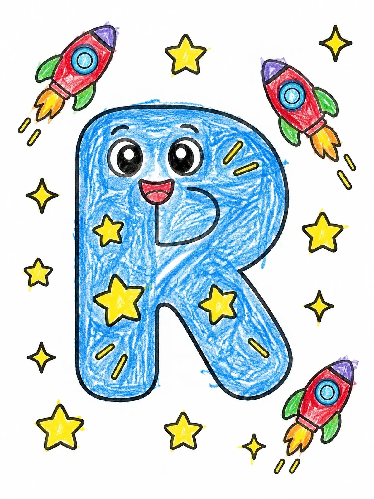 Colored example of the Cute Letter R With Rockets coloring page