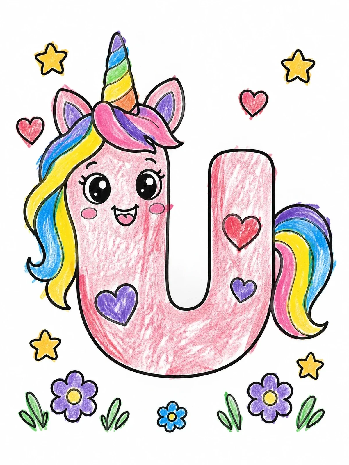 Colored example of the Cute Letter U Unicorn coloring page