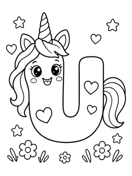 Free printable Cute Letter U Unicorn coloring page