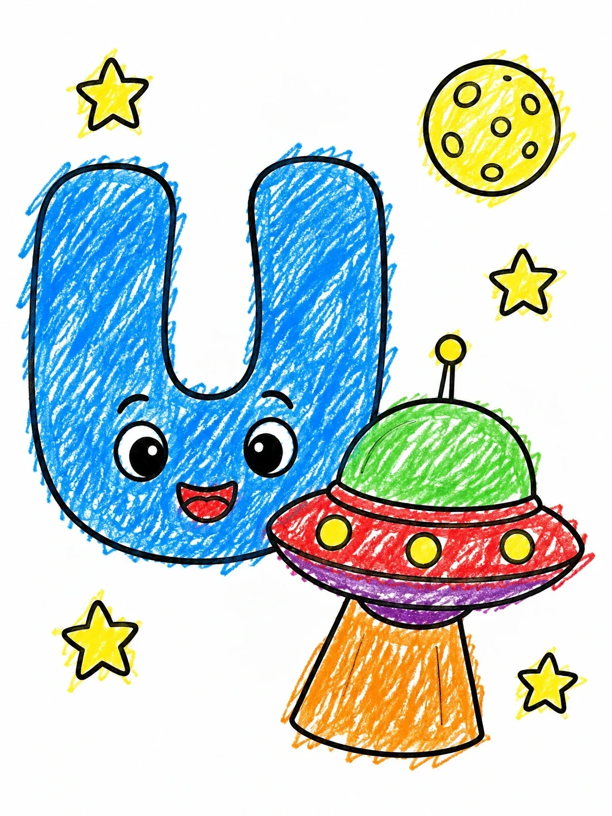 Colored example of the Cute Letter U With Ufo In Space coloring page