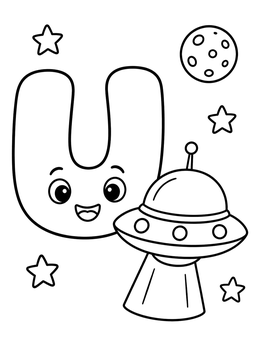 Free printable Cute Letter U With Ufo In Space coloring page