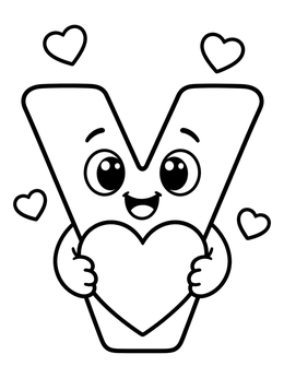 A smiling letter V coloring page holding a big heart surrounded by small floating hearts.