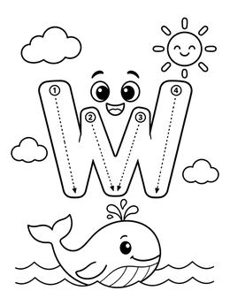 A friendly whale swims below an alphabet letter W coloring page with tracing arrows and a smiling sun.
