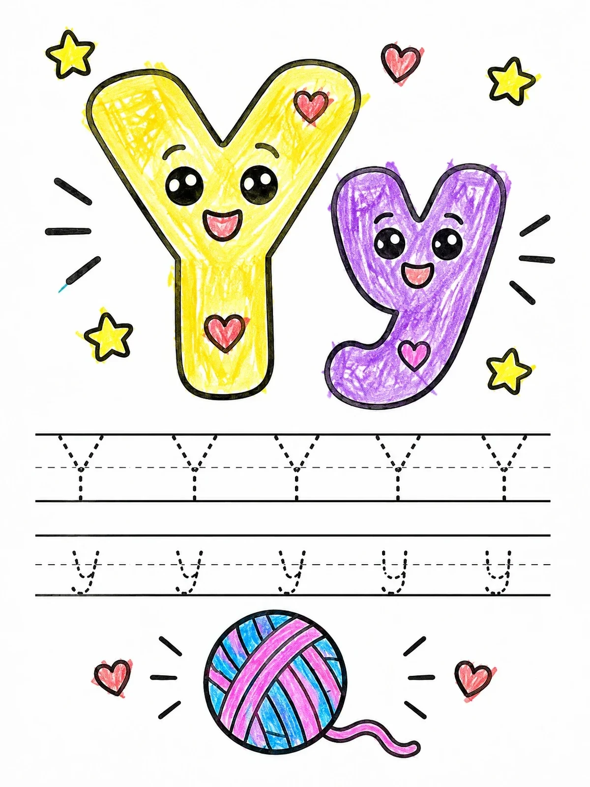 Colored example of the Cute Letter Y Practice Sheet coloring page