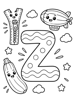 Free printable Cute Letter Z With Vocabulary Friends coloring page