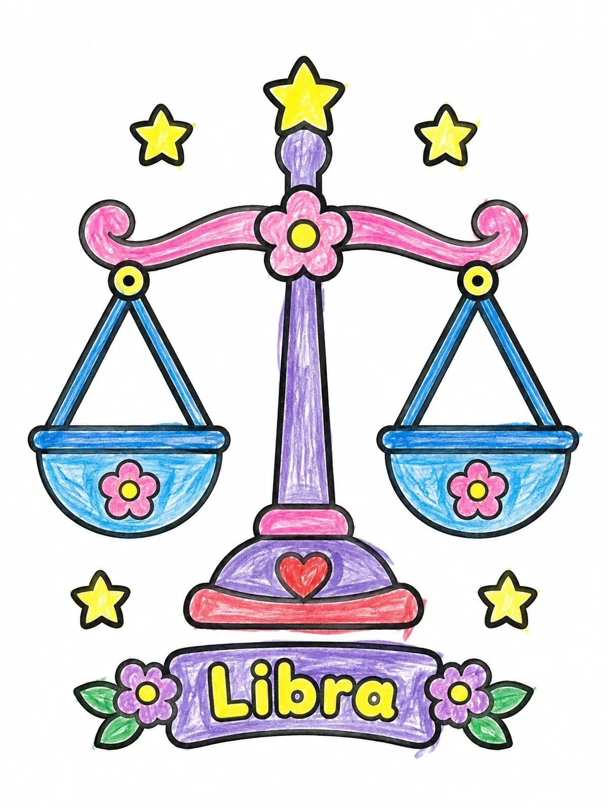 Colored example of the Cute Libra Balance Scales coloring page