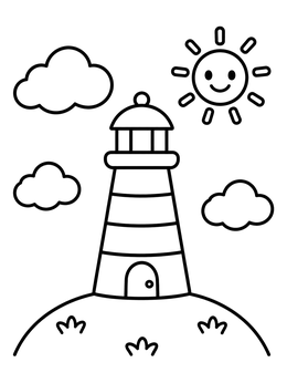 Free printable Cute Lighthouse And Smiling Sun coloring page