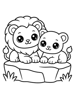 A sweet lion and lioness coloring page featuring two cute big cats resting together on a rock.