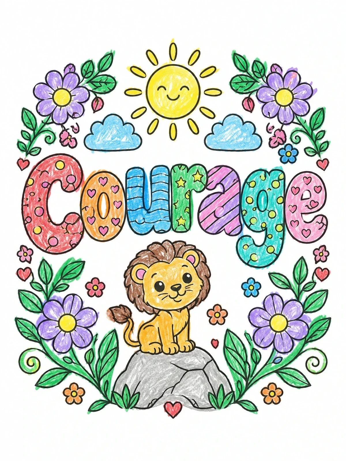 Colored example of the Cute Lion Cub And Courage Text coloring page