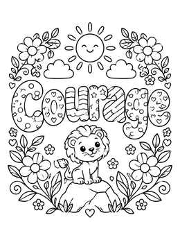 Free printable Cute Lion Cub And Courage Text coloring page
