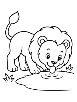 Free printable Cute Lion Cub Drinking Water coloring page