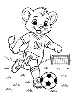 A cheerful lion cub dribbling a ball on this soccer coloring page.