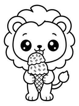 A lion coloring page featuring an adorable cub holding a double scoop ice cream cone.