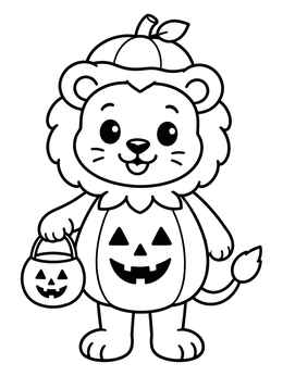 A friendly lion coloring page featuring a cub in a pumpkin Halloween costume holding a candy bucket.