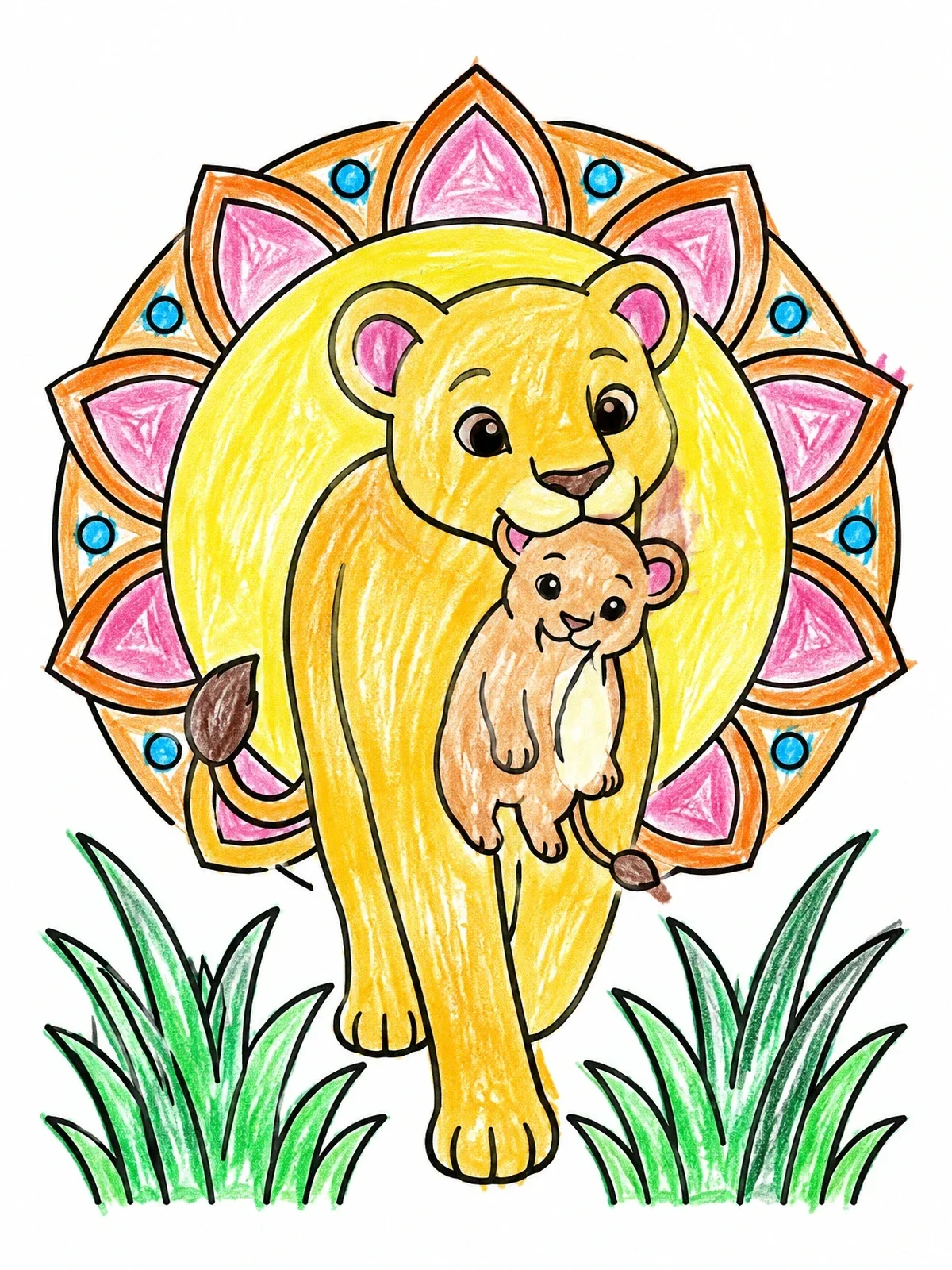 Colored example of the Cute Lioness Carrying Her Cub coloring page
