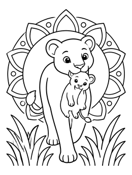 Free printable Cute Lioness Carrying Her Cub coloring page