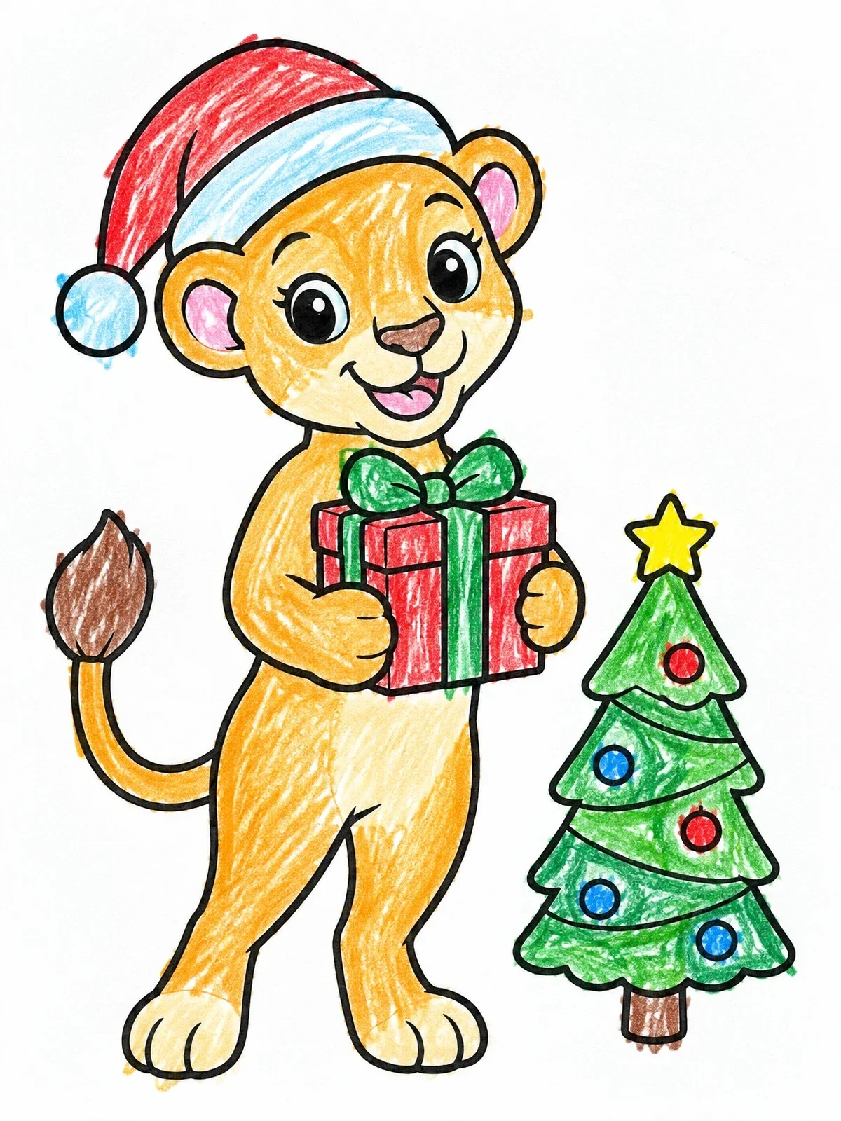 Colored example of the Cute Lioness With Christmas Gift coloring page