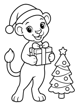 Free printable Cute Lioness With Christmas Gift coloring page