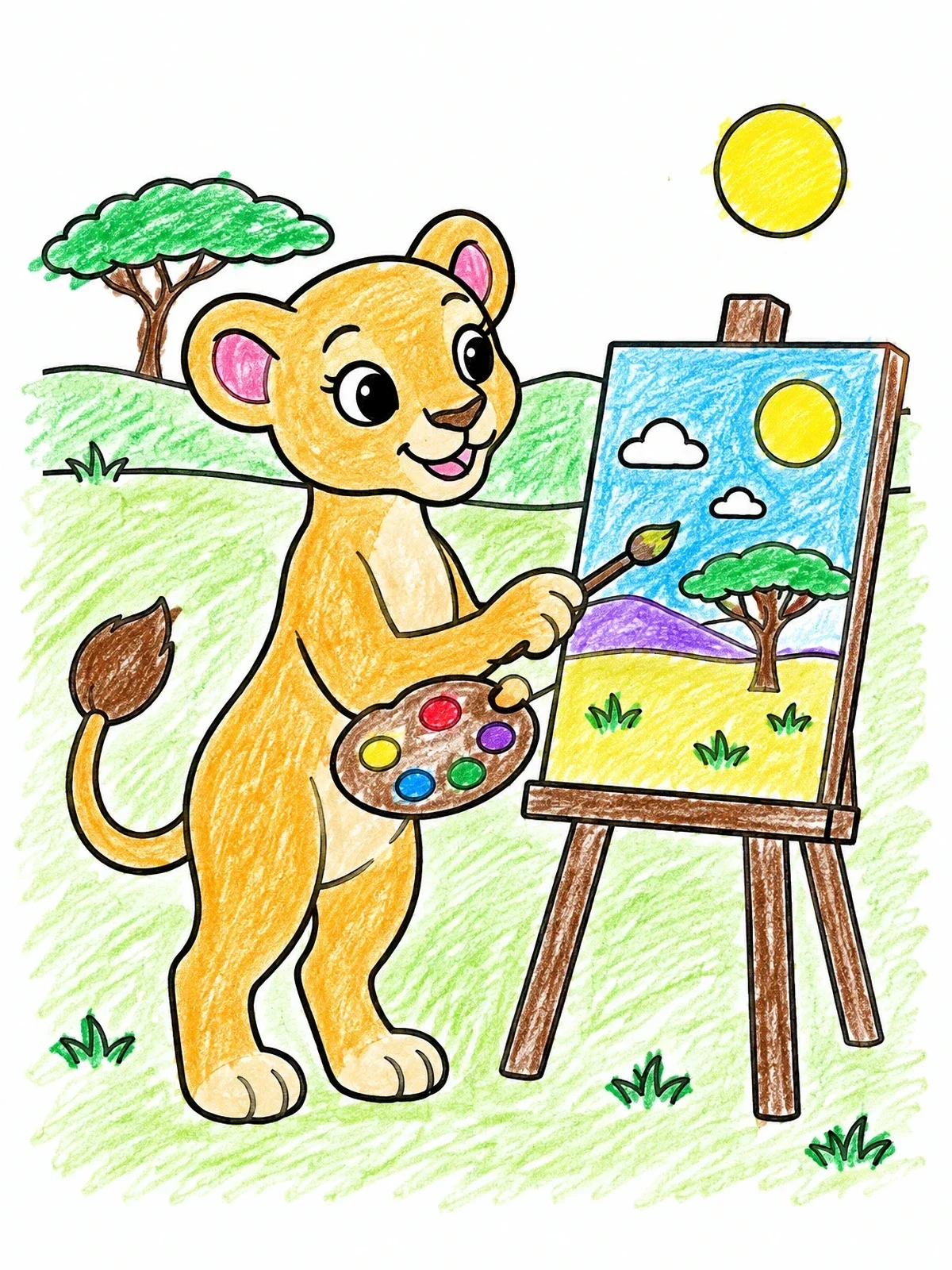 Colored example of the Cute Lioness Painting On Easel coloring page