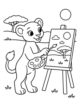 Free printable Cute Lioness Painting On Easel coloring page