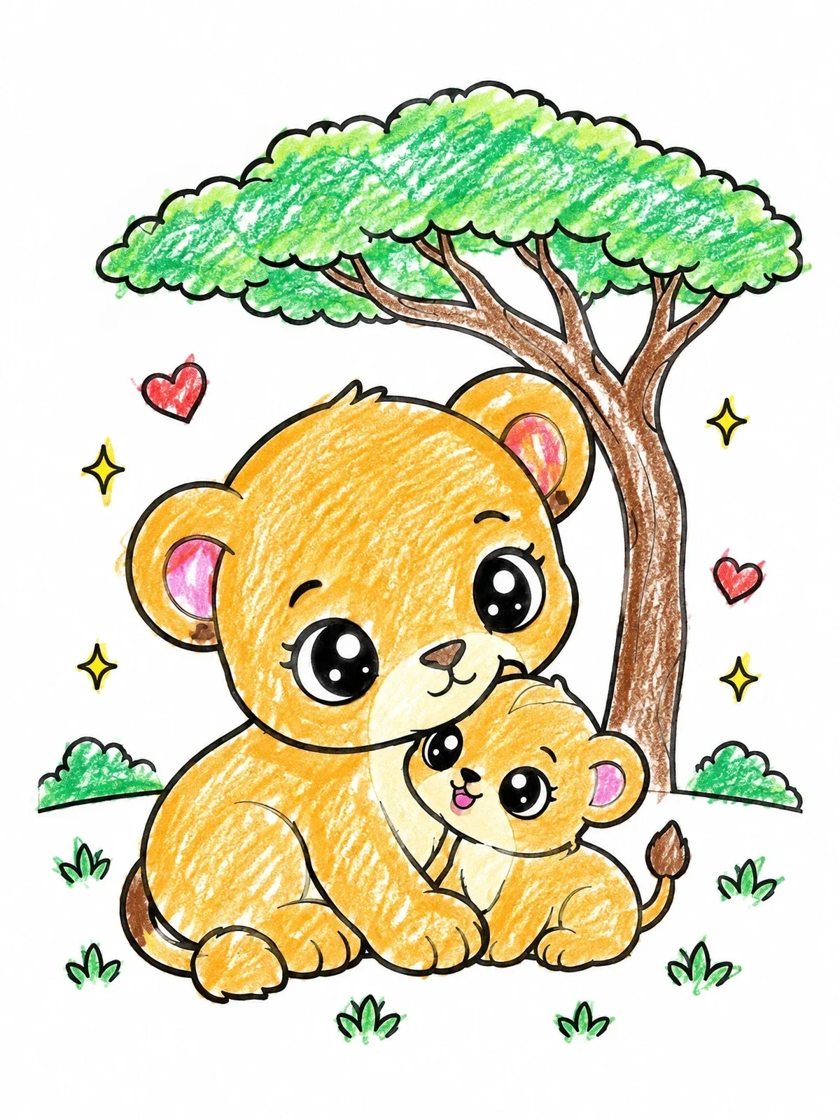 Colored example of the Cute Lioness With Her Cub coloring page