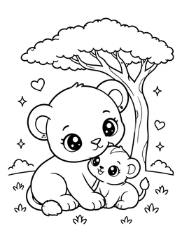 Free printable Cute Lioness With Her Cub coloring page