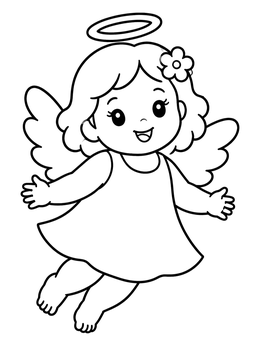 A cheerful cherub on this angel coloring page with halo and wings.