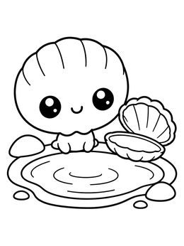 A cheerful cartoon clam coloring page by a gentle puddle of water.