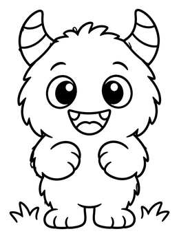 A happy fuzzy monster coloring page with curved horns and big sparkly eyes.