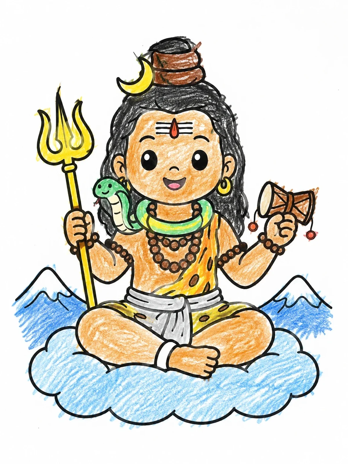 Colored example of the Cute Little Lord Shiva On A Cloud coloring page