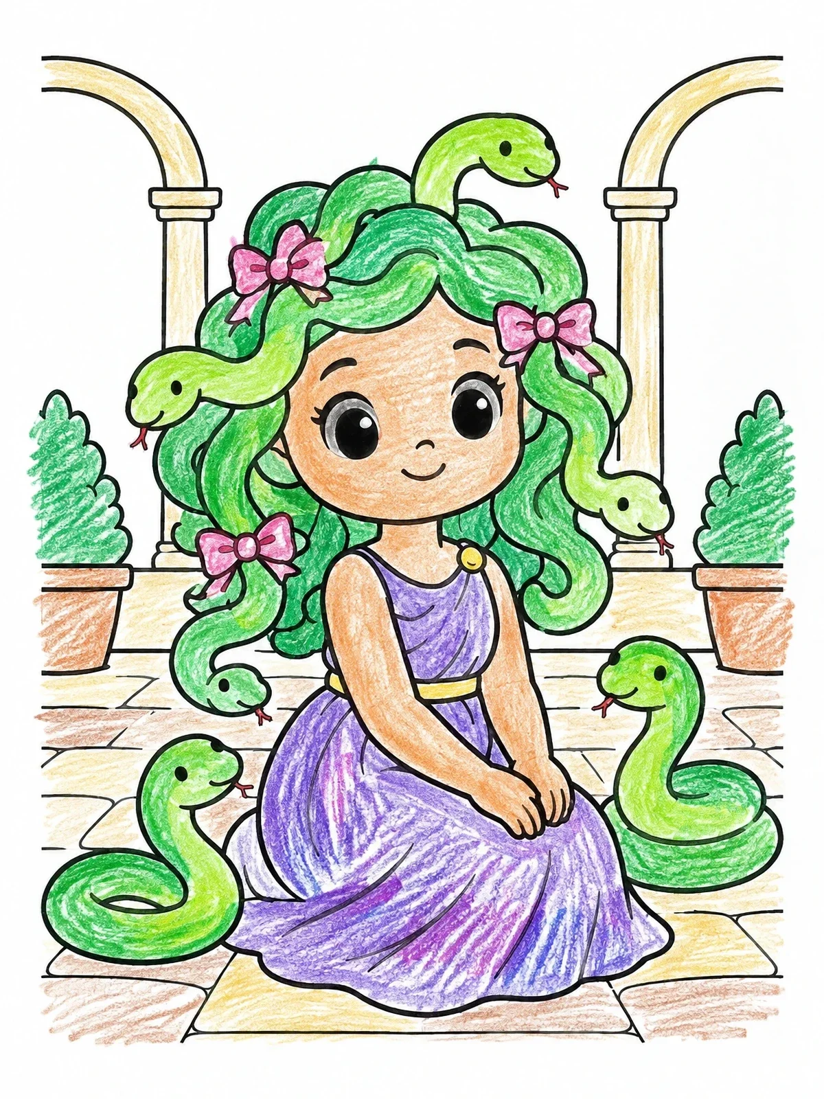 Colored example of the Cute Little Medusa With Snakes coloring page