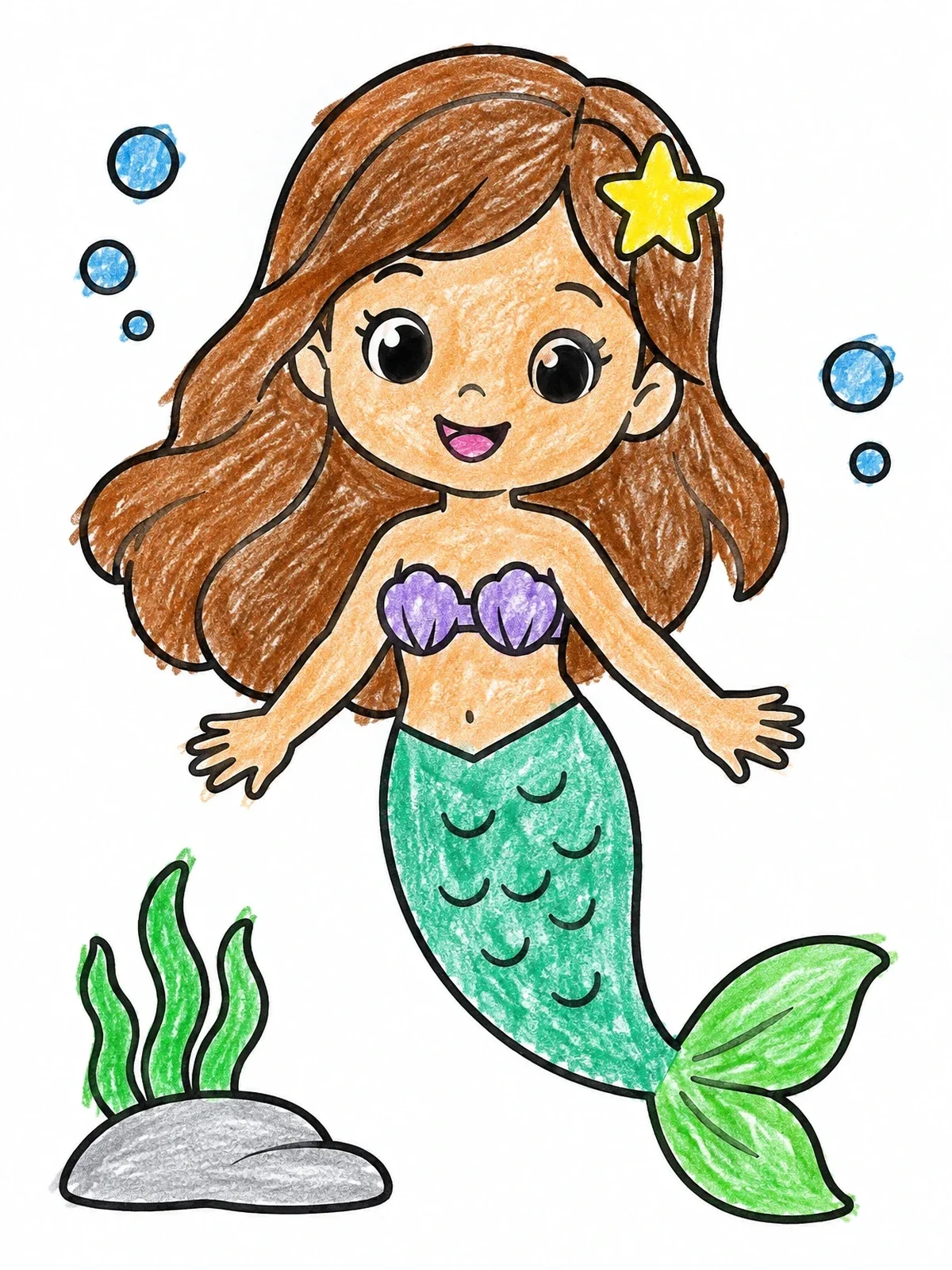 Colored example of the Cute Little Mermaid Under The Sea coloring page