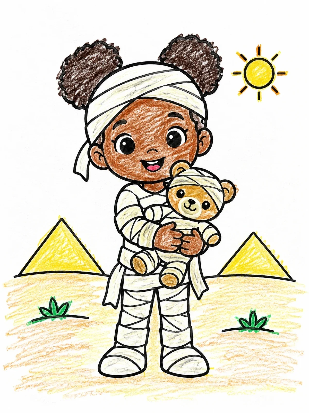 Colored example of the Cute Little Mummy With Teddy Bear coloring page