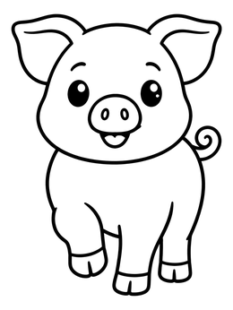 A happy pig coloring page featuring a cute piglet lifting one front trotter.