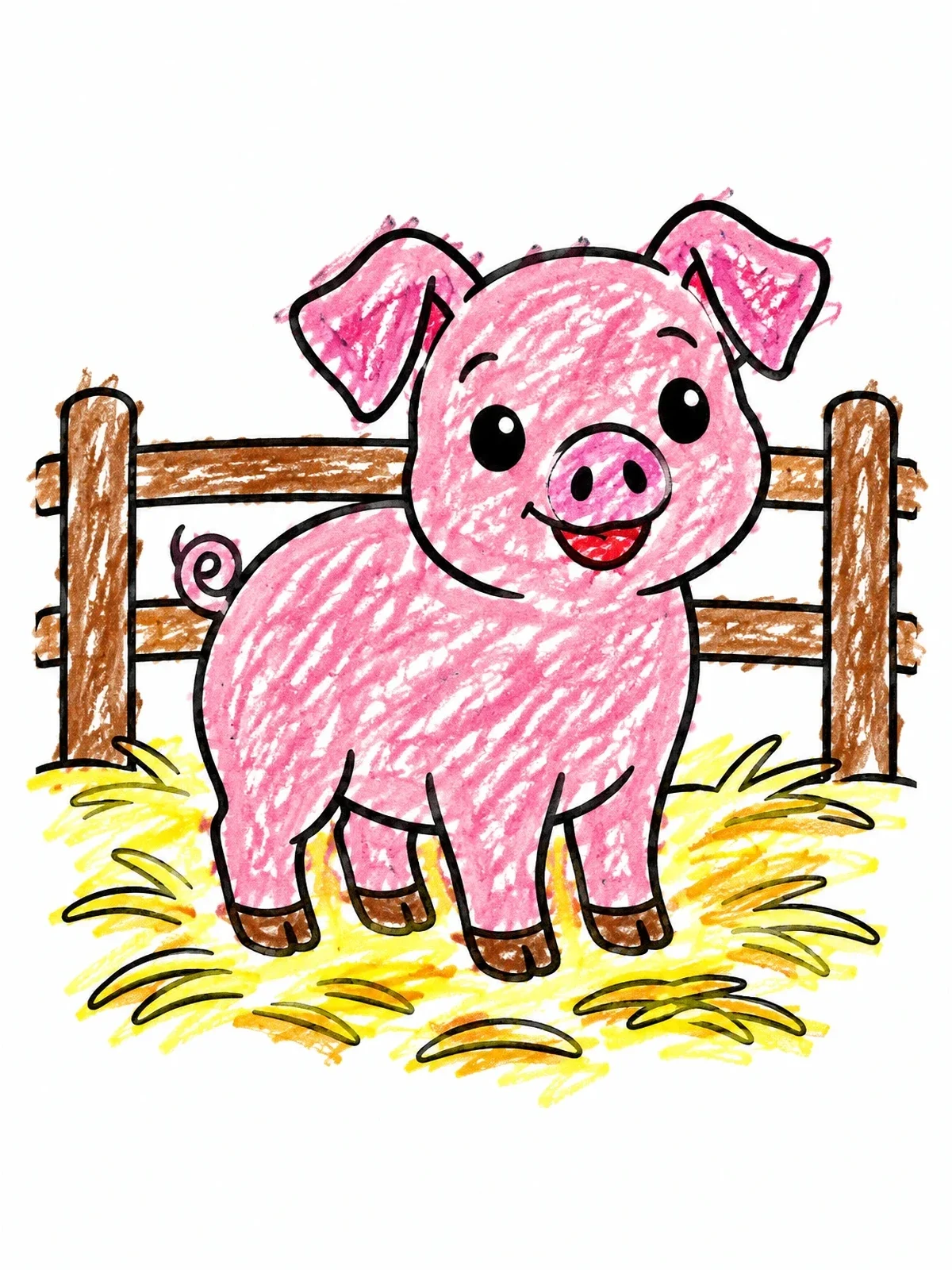Colored example of the Cute Little Piglet By The Fence coloring page