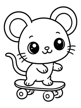 A cute cartoon rat coloring page showing a little rodent riding a skateboard.
