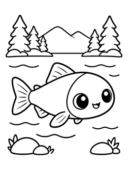 Free printable Cute Little Salmon In The Lake coloring page