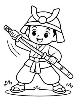 Free printable Cute Little Samurai Drawing Katana coloring page
