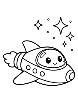 A friendly spaceship flying past stars on this space coloring page.