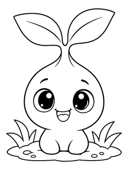 A cute cartoon sprout coloring page featuring a happy seedling creature sitting in the soil.