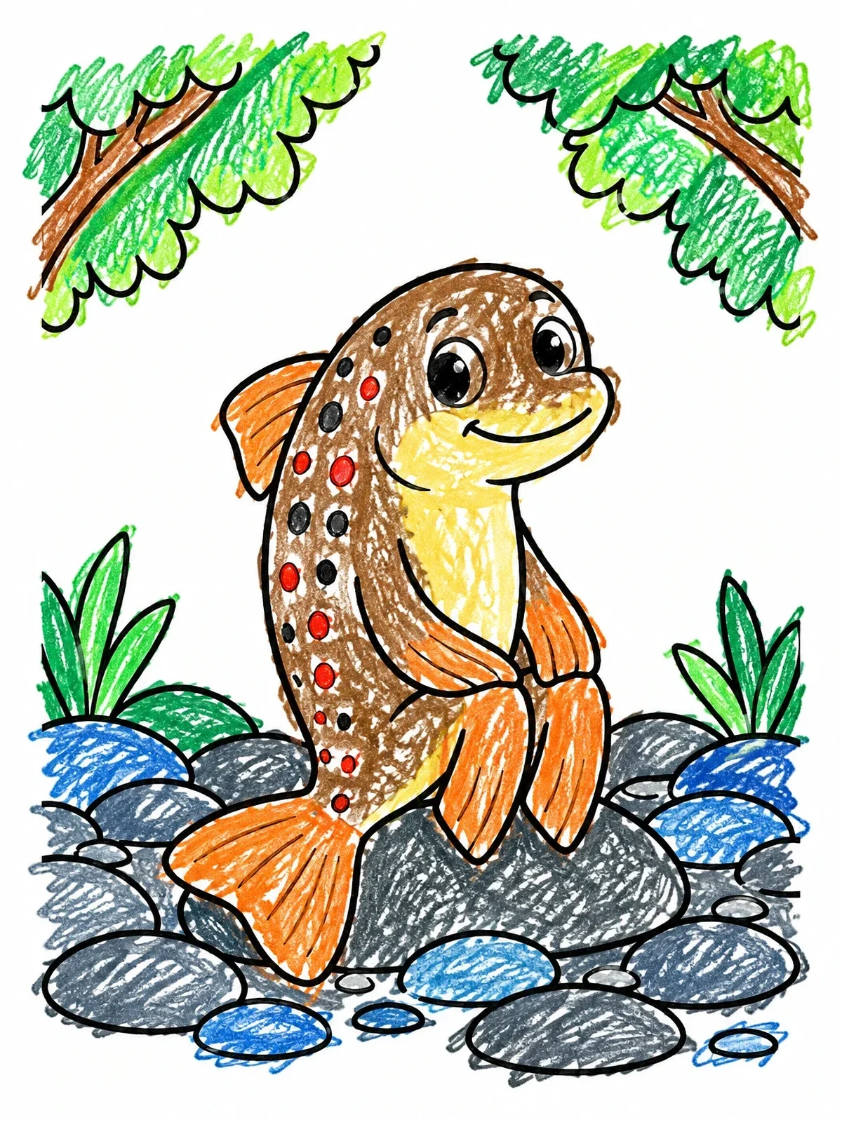 Colored example of the Cute Little Trout On River Pebbles coloring page