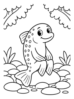 A cheerful cartoon trout coloring page sitting upright on smooth riverbed stones.