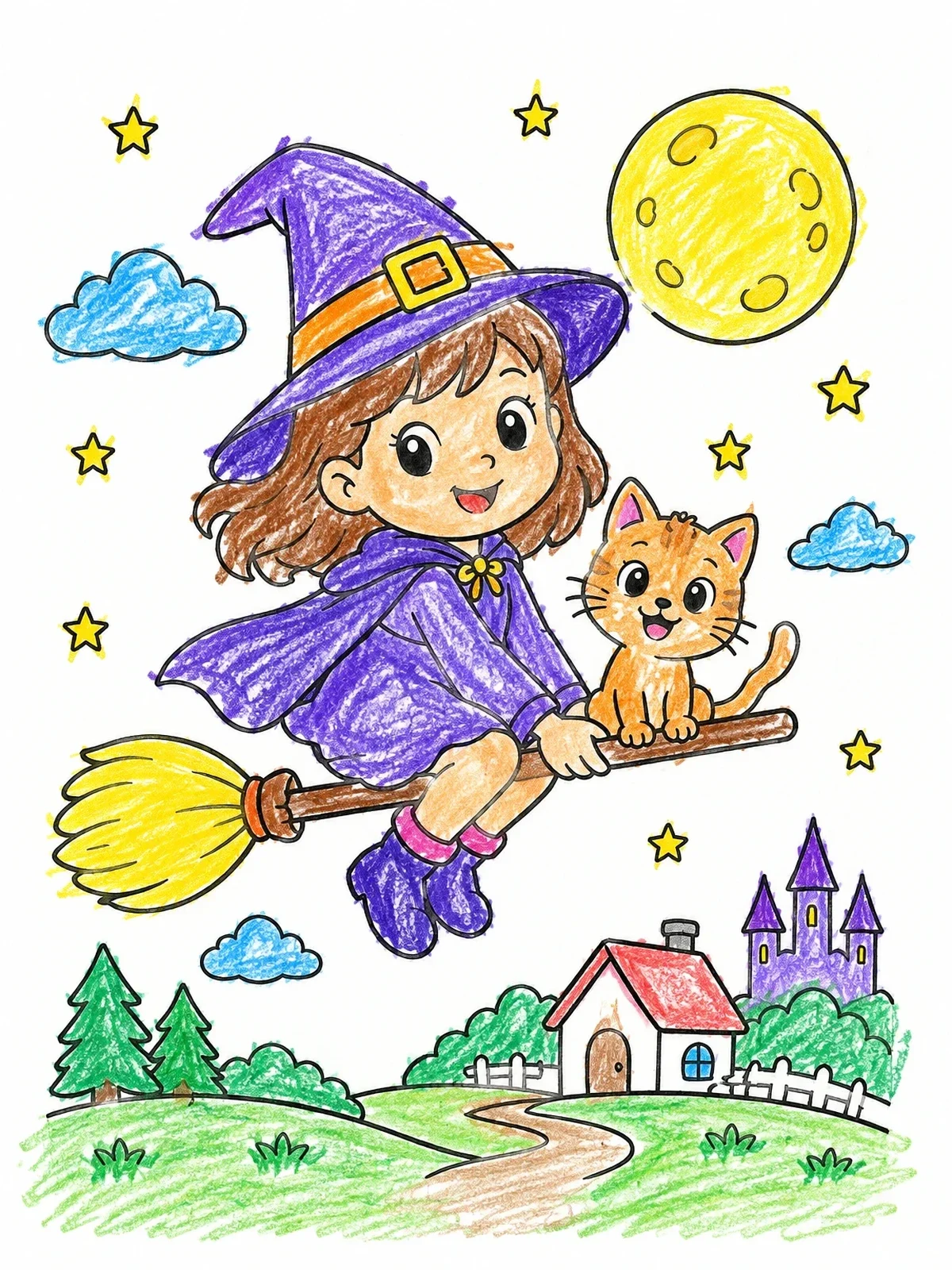 Colored example of the Cute Little Witch Flying With Cat coloring page