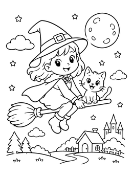 Free printable Cute Little Witch Flying With Cat coloring page