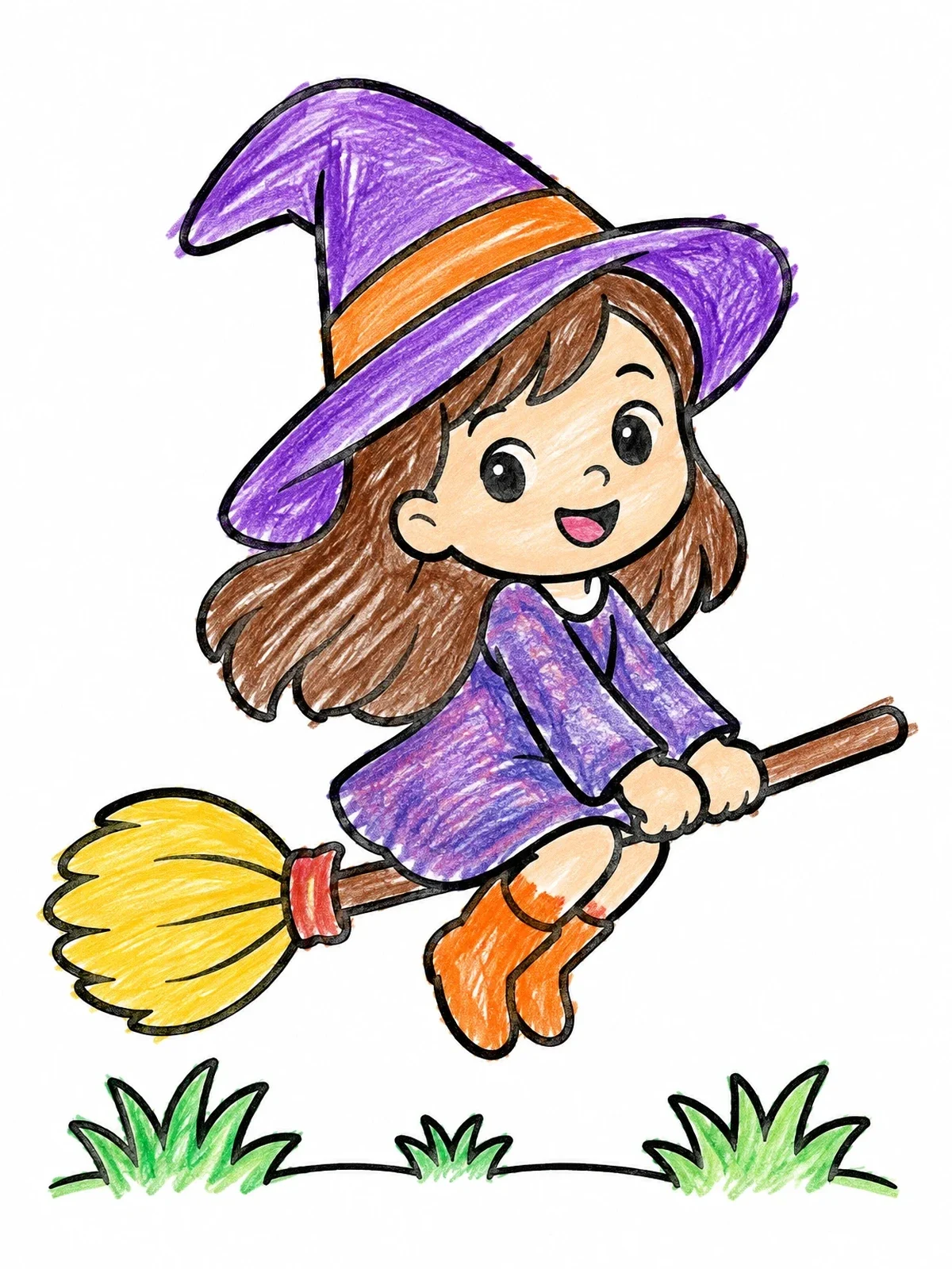 Colored example of the Cute Little Witch On Broom coloring page