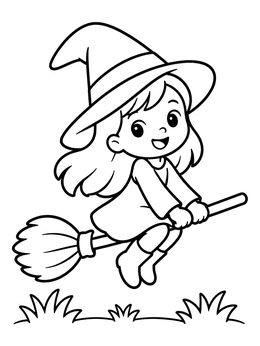 A cheerful little witch coloring page featuring a girl flying on a broomstick above grass.