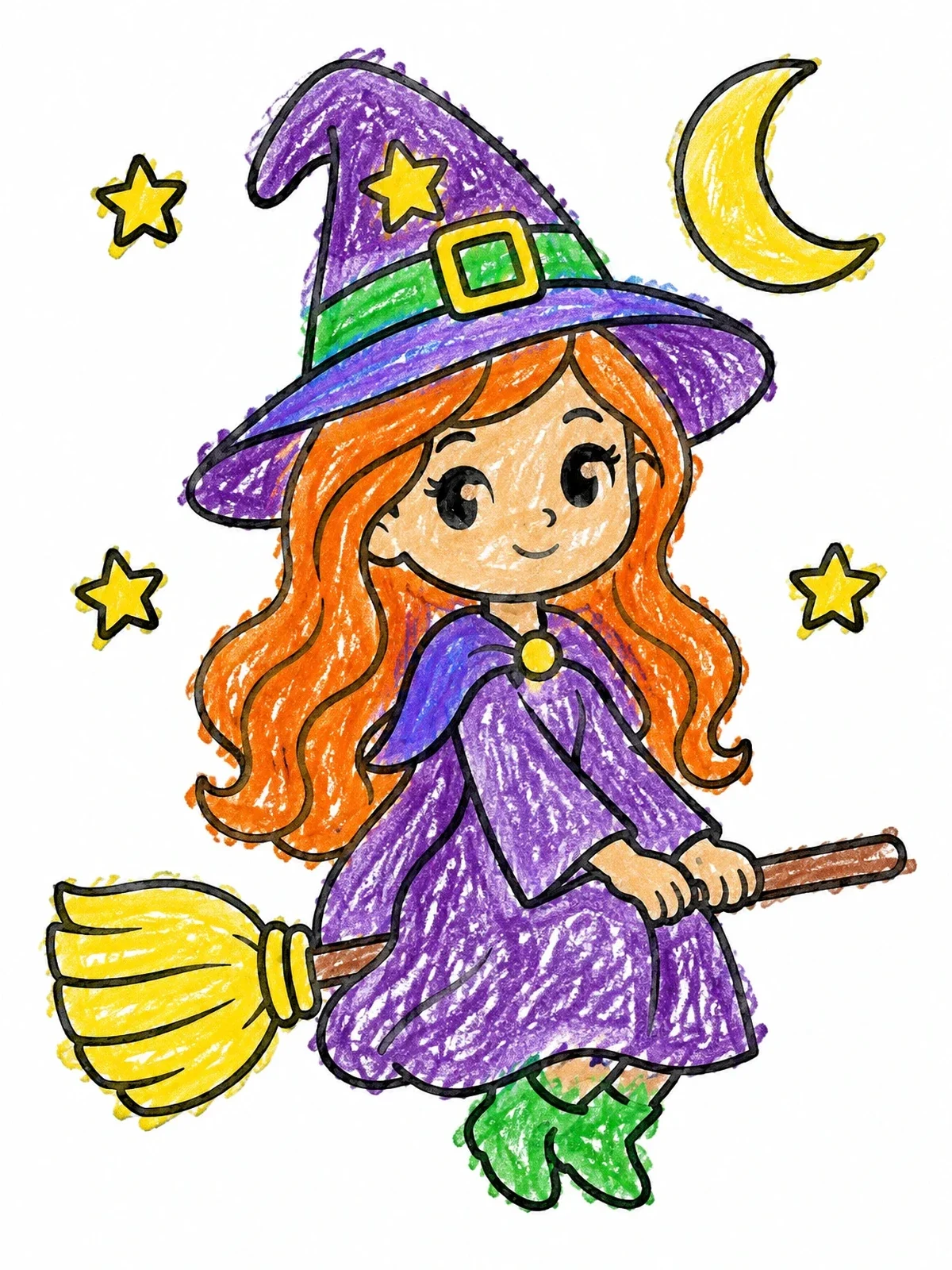 Colored example of the Cute Little Witch On Broomstick coloring page